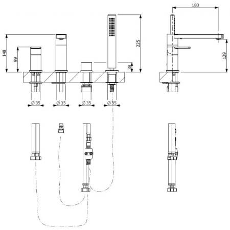 Смеситель на борт ванны однорычажный, с выдвижным душем и переключателем, на 4 отверстия. Высота изл