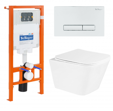 Унитаз подвесной с сиденьем BelBagno DUE + Система инсталляции для унитазов с кнопкой смыва BB005-PR