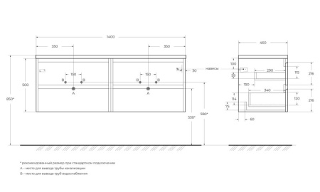 Столешница из МДФ с двумя отверстиями под раковину и с двумя отверстиями под смеситель, 1404x462x19 