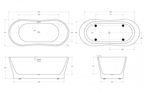 Акриловая ванна BELBAGNO BB406-1650-730