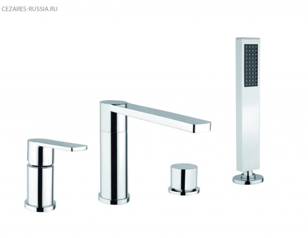 Смеситель на борт ванны однорычажный, с выдвижным душем и переключателем, на 4 отверстия. Высота изл Смеситель на борт ванны однорычажный, с выдвижным душем и переключателем, на 4 отверстия. Высота изл