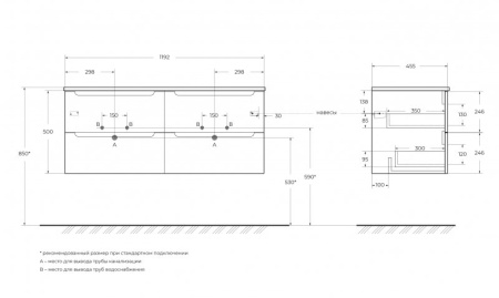 Столешница из МДФ с двумя отверстиями под раковину и с двумя отверстиями под смеситель, 1204x462x19 