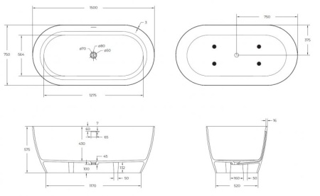 Ванна из искусственного камня Solid Surface CEZARES CZR-RELAX-170-80-57-SSB
