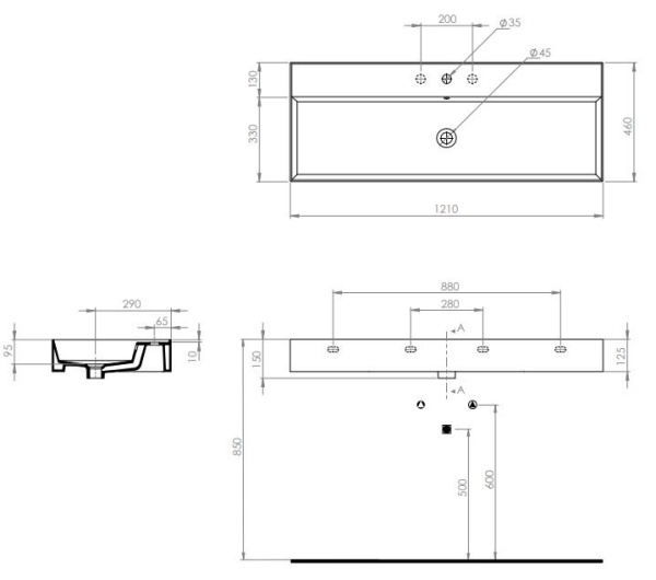 Керамическая раковина, чаша в центре 121x46x12,5 Cezares TW13011 Керамическая раковина, чаша в центре 121x46x12,5 Cezares TW13011