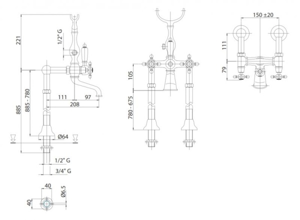 Напольный смеситель для ванны с ручным душем Cezares LORD-VDP-03/24-M