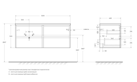 Столешница из МДФ с двумя отверстиями под раковину и с двумя отверстиями под смеситель, 1204x462x19 