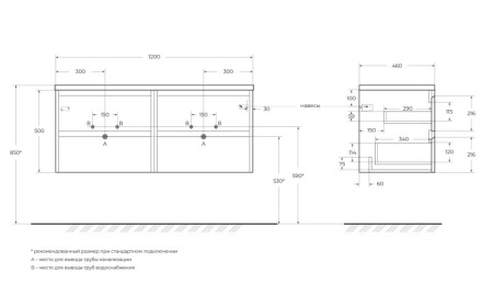 Столешница из МДФ с двумя отверстиями под раковину и с двумя отверстиями под смеситель, 1204x462x19 