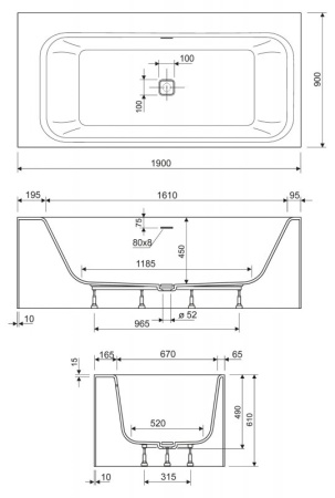 Ванна из литьевого мрамора, пристенная Cezares TITAN-VARIO-180-80-WL