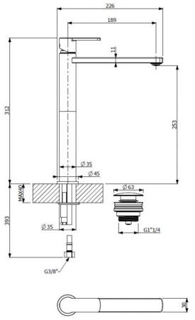 Смеситель для накладной раковины однорычажный без донного клапана, высота 312 мм Cezares GLAM-LC-01-
