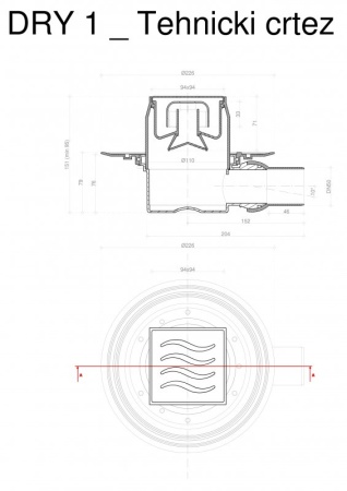 Точечный трап 100х100 мм Confluo Standard Dry 1,с сухим затвором, металл с перфорацией Tide (Волна),