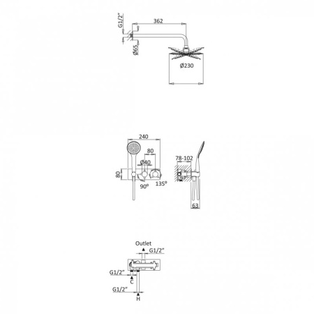  Душевая система встраиваемого монтажа с термостатическим смесителем с верхним и ручным душем, верхн